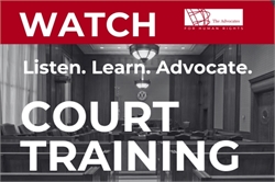 [ai] A courtroom scene with wooden benches and a large emblem at the front. Bold text states 'WATCH COURT TRAINING' along with 'Listen. Learn. Advocate.' at the top. The background is primarily in shades of gray.